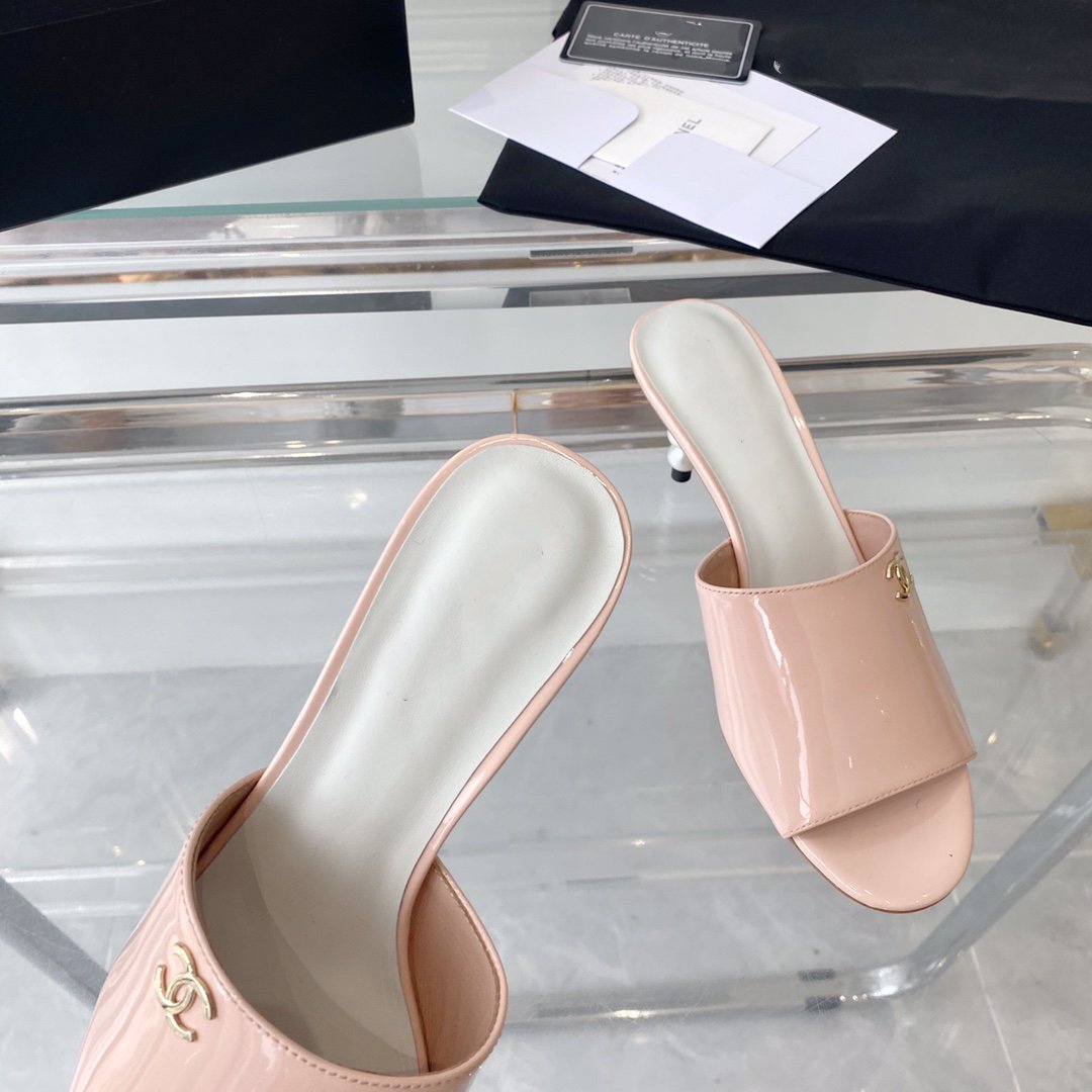 CHANEL high heel 70 mule sandals pink white patent calfskin
