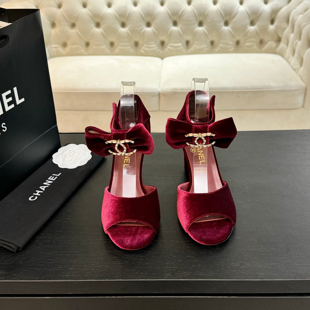 CHANEL HIGH SANDAL OPEN TOE IN MAROON RED VELVET