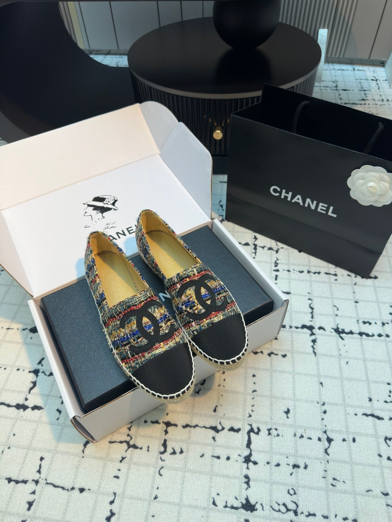 CHANEL ESPADRILLES LOAFERS IN MULTICOLOR TWEED AND BLACK SATIN