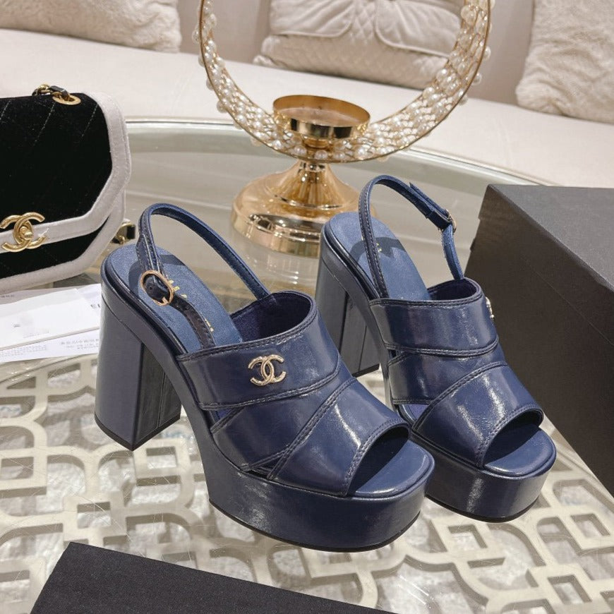 CHANEL sandals blue patent crumpled lambskin