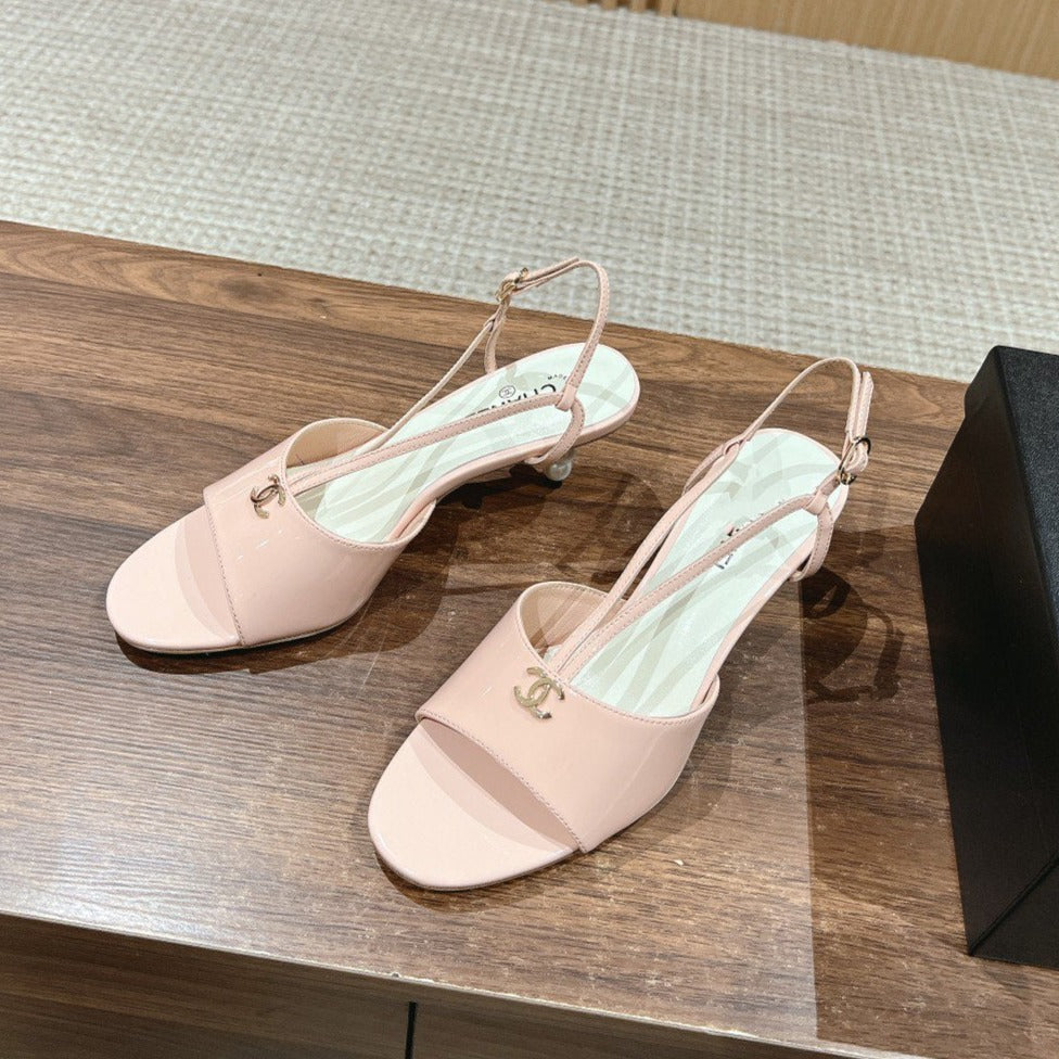 CHANEL high heel 70 sandals pink white patent calfskin